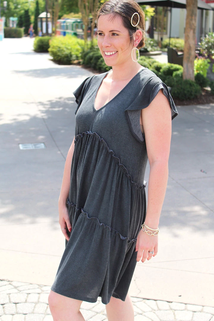 Peach Love California Tailgate Babe V-Neck Frill Dress - Charcoal 4 Peach Love California Tailgate Babe V-Neck Frill Dress - Charcoal