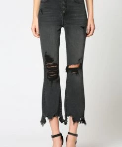 Hidden Talon Black Distressed Hem Cropped Flare Jeans Women's Clothing