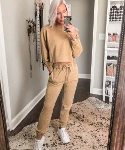 Le Lis Women's Clothing Tan Acid Wash Rhinestone Two Piece Jogger Set