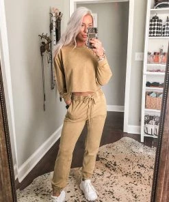 Le Lis Women's Clothing Tan Acid Wash Rhinestone Two Piece Jogger Set