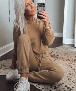 Le Lis Women's Clothing Tan Acid Wash Rhinestone Two Piece Jogger Set