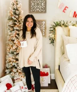 First Love Women's Clothing Tan Brushed Knit Oversized Sweater