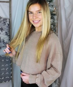 Mono B Tan Cropped Mineral Wash Pullover