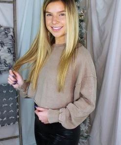 Mono B Tan Cropped Mineral Wash Pullover