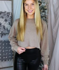 Mono B Tan Cropped Mineral Wash Pullover