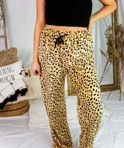 Crescent Women's Clothing Tan Leopard Plush Pajama Pants