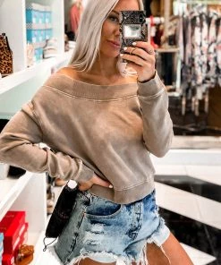 Mono B Tan Off The Shoulder Mineral Wash Pullover Women's Clothing