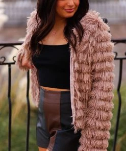 Blue Blush Taupe Bell Sleeve Furry Cropped Jacket Women's Clothing