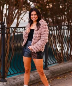 Blue Blush Taupe Bell Sleeve Furry Cropped Jacket Women's Clothing