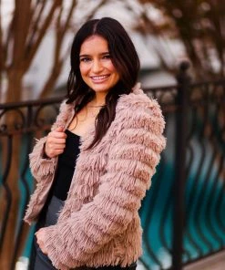 Blue Blush Taupe Bell Sleeve Furry Cropped Jacket Women's Clothing