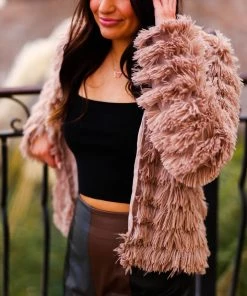 Blue Blush Taupe Bell Sleeve Furry Cropped Jacket Women's Clothing