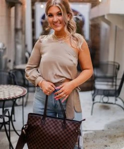Glam Taupe One Shoulder Tie Blouse