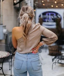 Glam Women's Clothing Taupe One Shoulder Tie Blouse