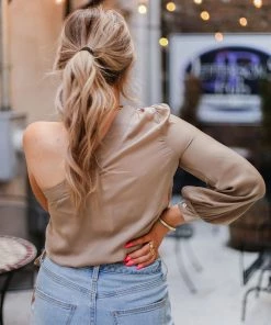 Glam Taupe One Shoulder Tie Blouse