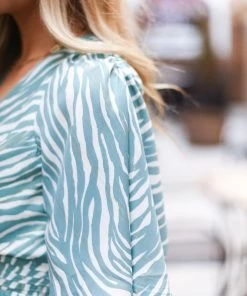 Glam Teal Zebra Print Ruffle Mini Dress
