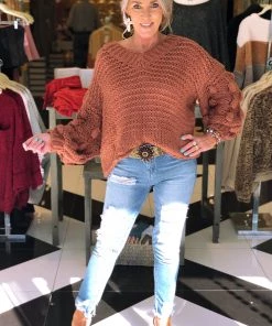 HYFVE Textured Dot Sleeve V-neck Sweater - Red Bean