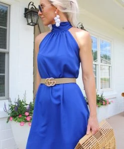 2HEARTS Time And Place Blue Halter Neck Dress Women's Clothing