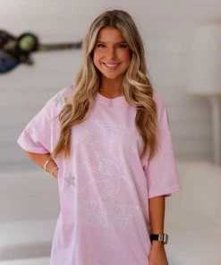 Vintage Distressed Women's Clothing Baby Pink Rhinestone Star Band Tee