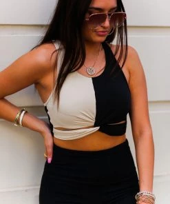 Mono B Two Toned Twisted Sports Bra Women's Clothing