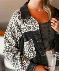 POL Vintage Black And Leopard Denim Jacket Women's Clothing
