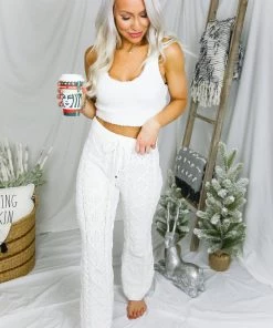 POL White Cable Knit Lounge Pants