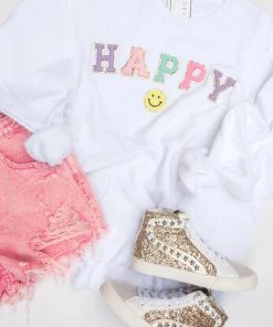 Weekndr White Happy Letter Patch Crewneck