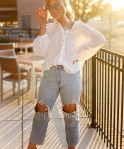 Eesome Women's Clothing White Long Sleeve Button Down Top