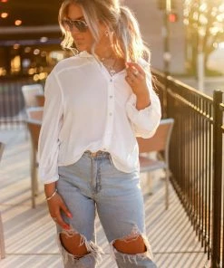 Eesome Women's Clothing White Long Sleeve Button Down Top