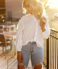 Eesome Women's Clothing White Long Sleeve Button Down Top