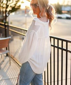 Eesome Women's Clothing White Long Sleeve Button Down Top