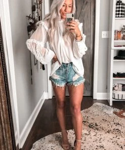 Do + Be White Long Sleeve Sheer Ruffle Blouse