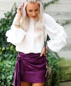 Do + Be White Long Sleeve Sheer Ruffle Blouse With Button Up Back Women's Clothing