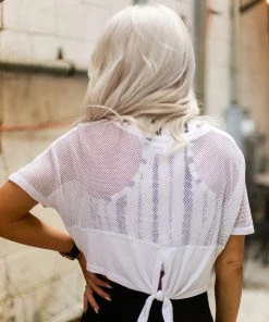 Mono B White Mesh Back Tie Athletic Crop Top