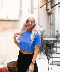 Mono B Blue Mesh Back Tie Athletic Crop Top