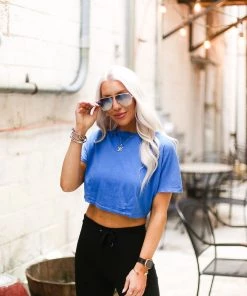 Mono B Blue Mesh Back Tie Athletic Crop Top