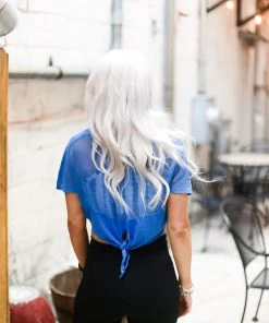 Mono B Blue Mesh Back Tie Athletic Crop Top