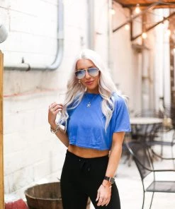 Mono B Blue Mesh Back Tie Athletic Crop Top