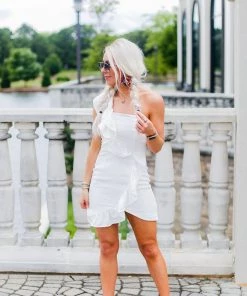 Do + Be Women's Clothing White One Shoulder Ruffle Mini Dress