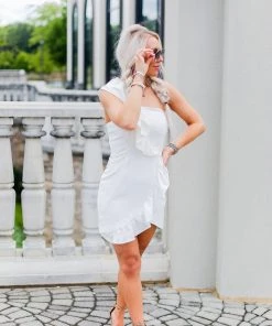 Do + Be Women's Clothing White One Shoulder Ruffle Mini Dress