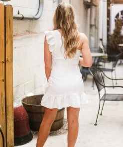 Do + Be Women's Clothing White One Shoulder Ruffle Mini Dress