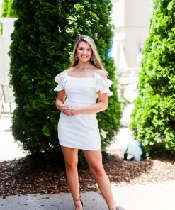 Do + Be Women's Clothing Ruffle Off The Shoulder White Mini Dress