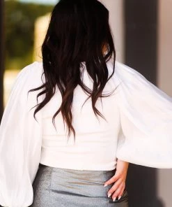 Do + Be Women's Clothing White Satin Puff Sleeve Fitted Blouse