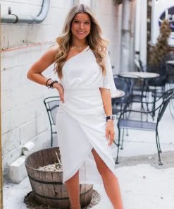 Do + Be White Silk One Shoulder Midi Dress Women's Clothing