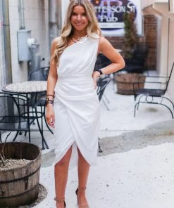 Do + Be White Silk One Shoulder Midi Dress Women's Clothing