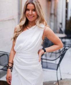 Do + Be White Silk One Shoulder Midi Dress Women's Clothing