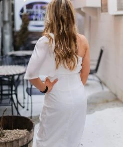 Do + Be White Silk One Shoulder Midi Dress Women's Clothing