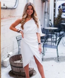 Do + Be White Silk One Shoulder Midi Dress Women's Clothing