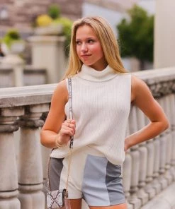 Le Lis Women's Clothing White Sleeveless Turtle Neck Knit Top