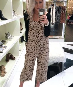 Entro Wide Leg Leopard Print Overall Jumpsuit Women's Clothing