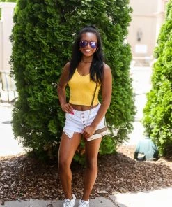 Nikibiki Women's Clothing Yellow Acid Wash Ribbed Cropped Tank